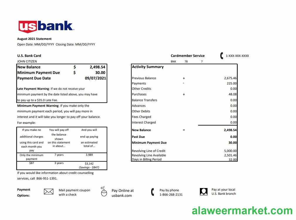 USA U.S. bank credit card statement template in .xls and .pdf file format